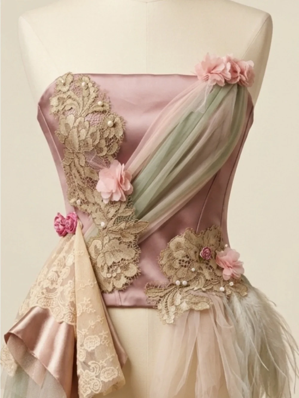 Pink Satin Floral Lace Corset Top with Tulle Draping NWOT (more pictures coming